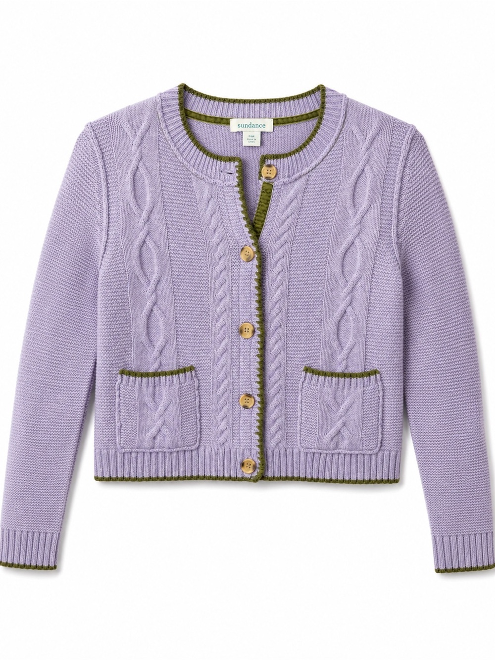 Sundance 100% Wool Cable Knit Cardigan PM Purple Green Velvet Trim Cottagecore
